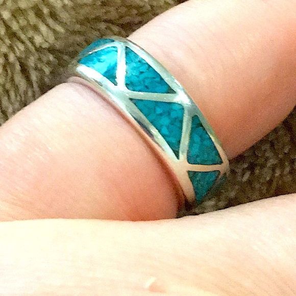 VTG Sterling Silver Southwest Crushed Turquoise Inlay Ring - Picture 11 of 13